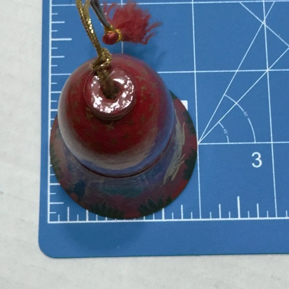 Hand Painted PapierMache Bell Ornament Red Gold Deer Woodland Scene Tassel 2.75